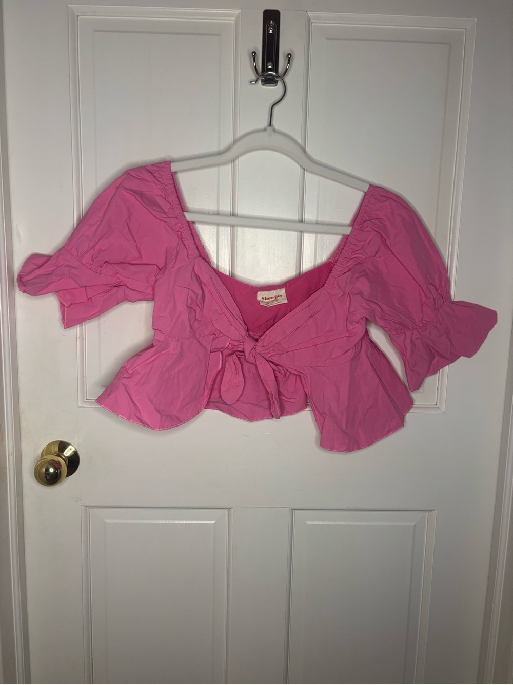 Showpo Pink Tie-Front Puff Sleeve Crop Top size 4